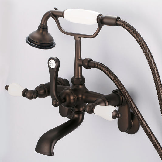 Water Creation | Vintage Classic Adjustable Center Wall Mount Tub Faucet With Swivel Wall Connector & Handheld Shower in Oil-rubbed Bronze Finish Finish With Porcelain Lever Handles Without labels | F6-0009-03-PL