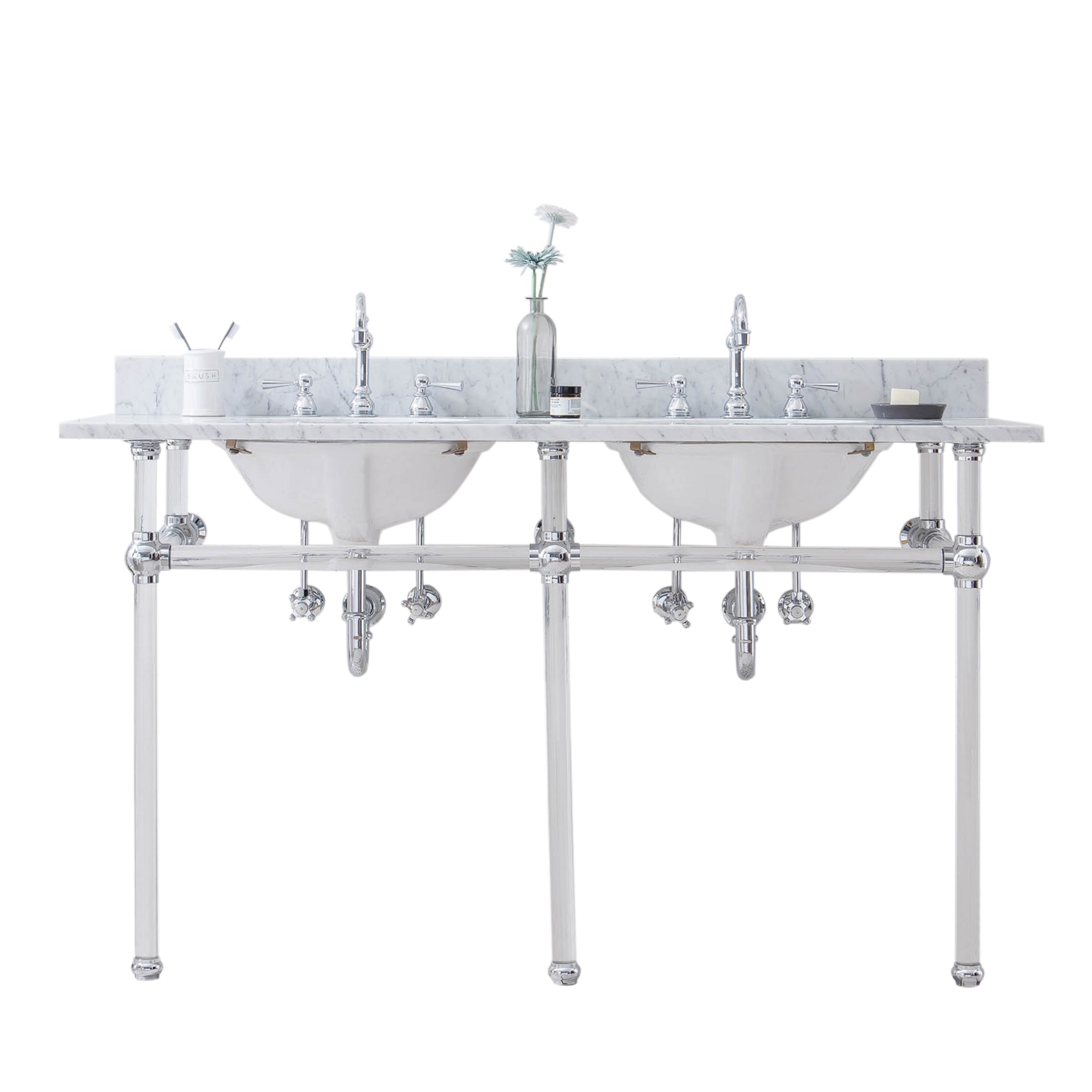 Water Creation | Empire 60 Inch Wide Double Wash Stand, P-Trap, Counter Top with Basin, and F2-0012 Faucet included in Chrome Finish | EP60D-0112