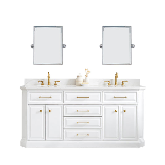 Water Creation | 72" Palace Collection Quartz Carrara Pure White Bathroom Vanity Set With Hardware And F2-0012 Faucets in Satin Gold Finish And Only Mirrors in Chrome Finish | PA72QZ06PW-E18TL1206