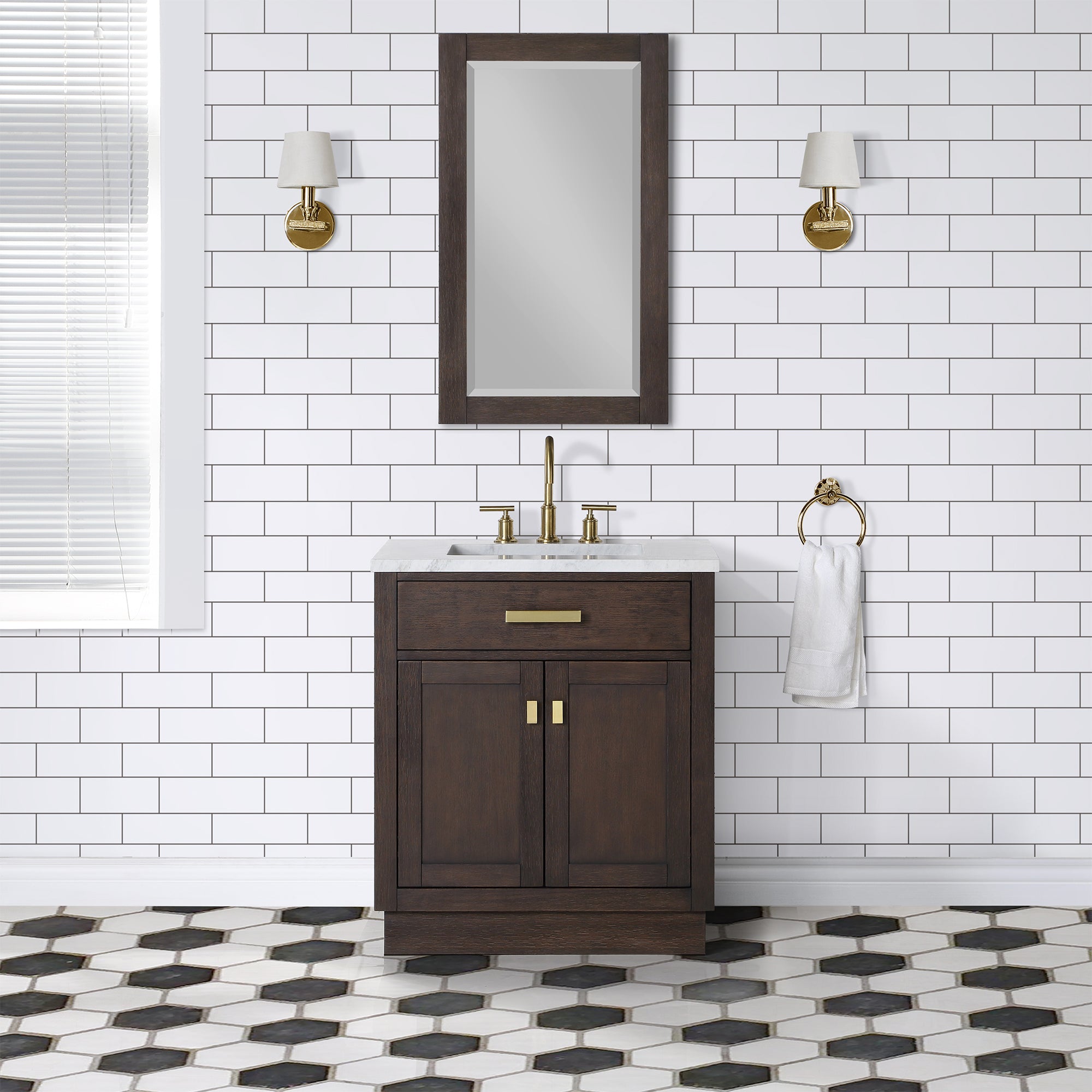 Water Creation | Chestnut 30 In. Single Sink Carrara White Marble Countertop Vanity In Brown Oak with Grooseneck Faucet and Mirror | CH30CW06BK-R21BL1406