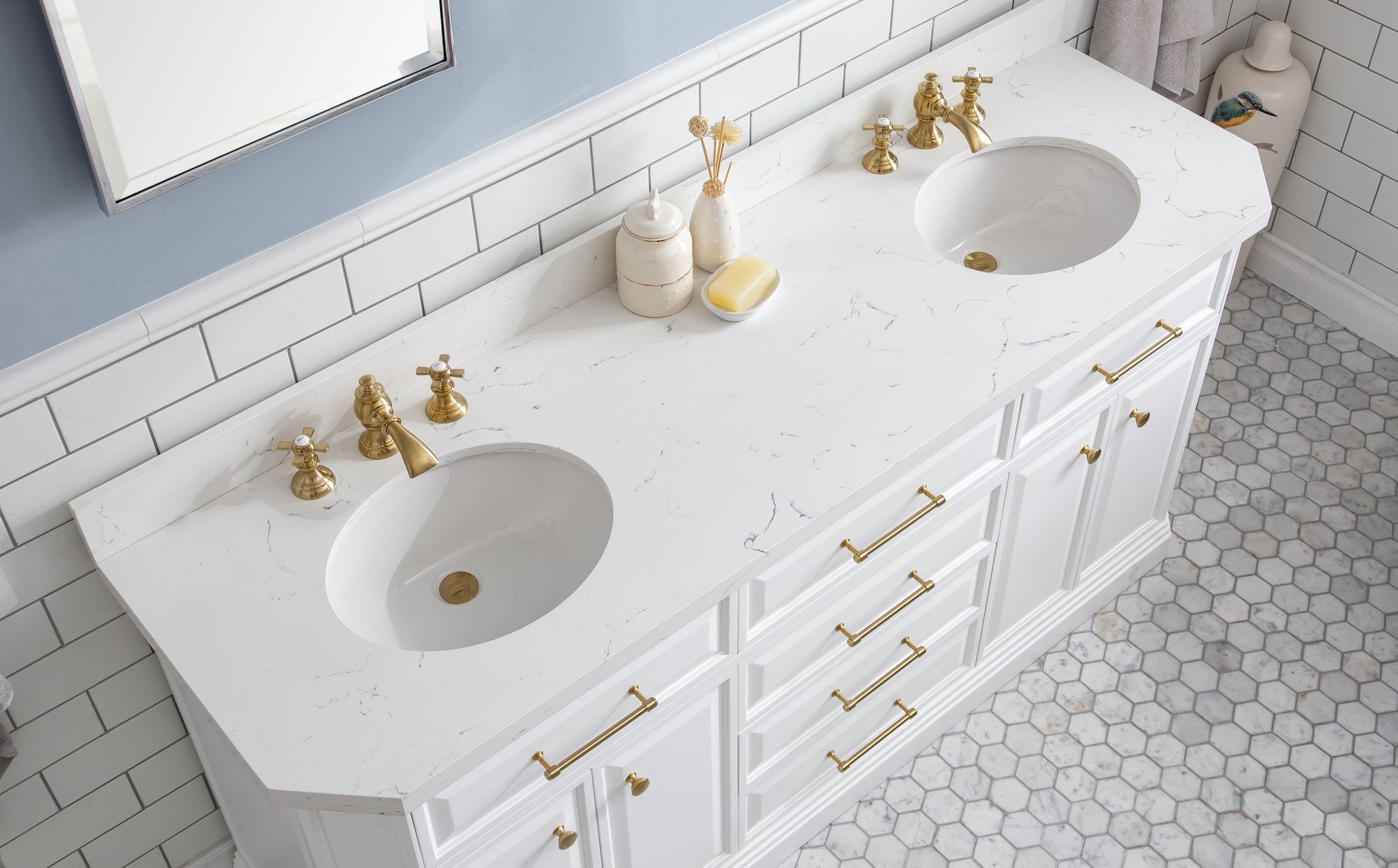 Water Creation | 72" Palace Collection Quartz Carrara Pure White Bathroom Vanity Set With Hardware And F2-0013 Faucets in Satin Gold Finish And Only Mirrors in Chrome Finish | PA72QZ06PW-E18FX1306