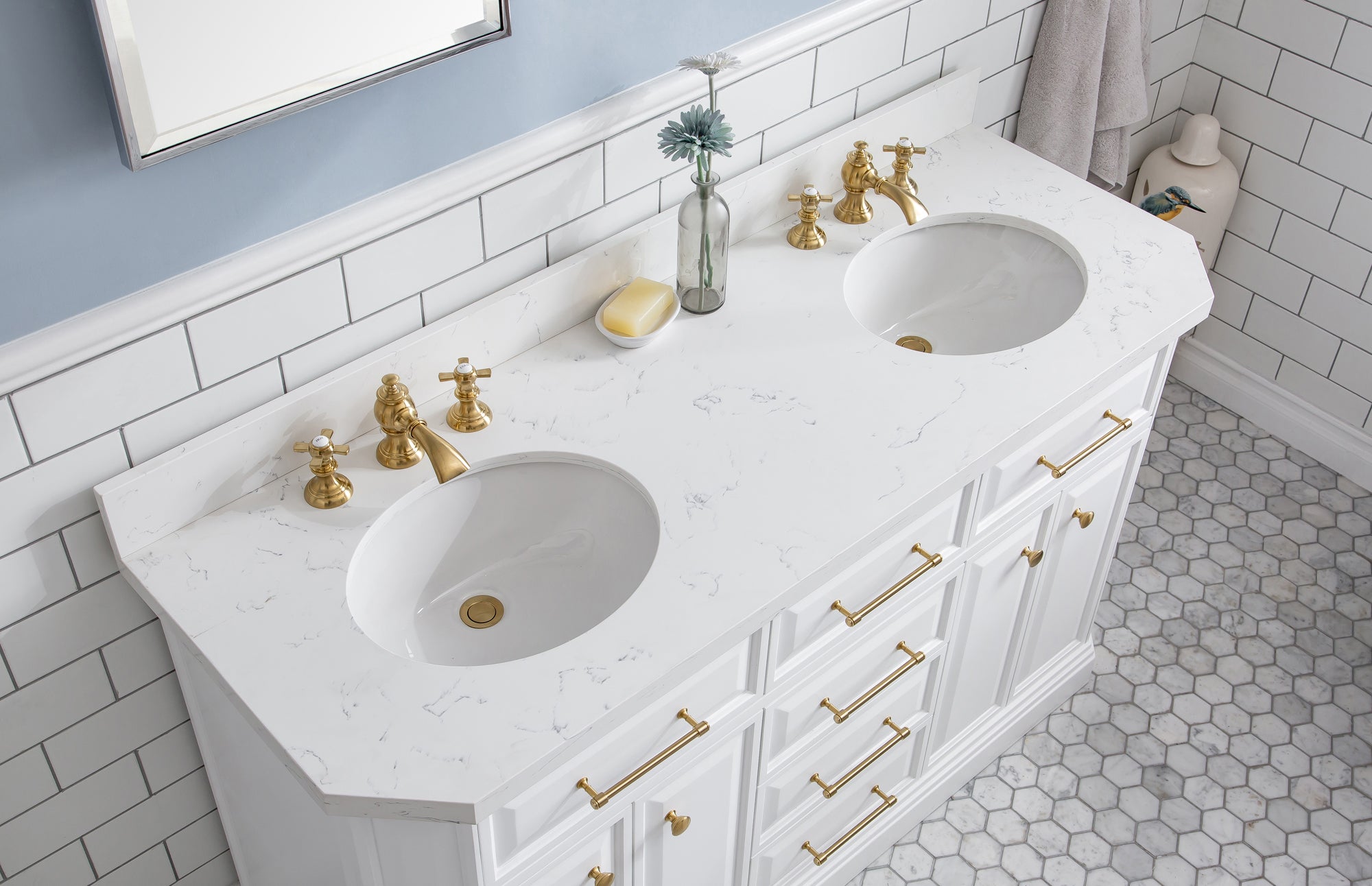 Water Creation | 60" Palace Collection Quartz Carrara Pure White Bathroom Vanity Set With Hardware And F2-0013 Faucets in Satin Gold Finish And Only Mirrors in Chrome Finish | PA60QZ06PW-E18FX1306