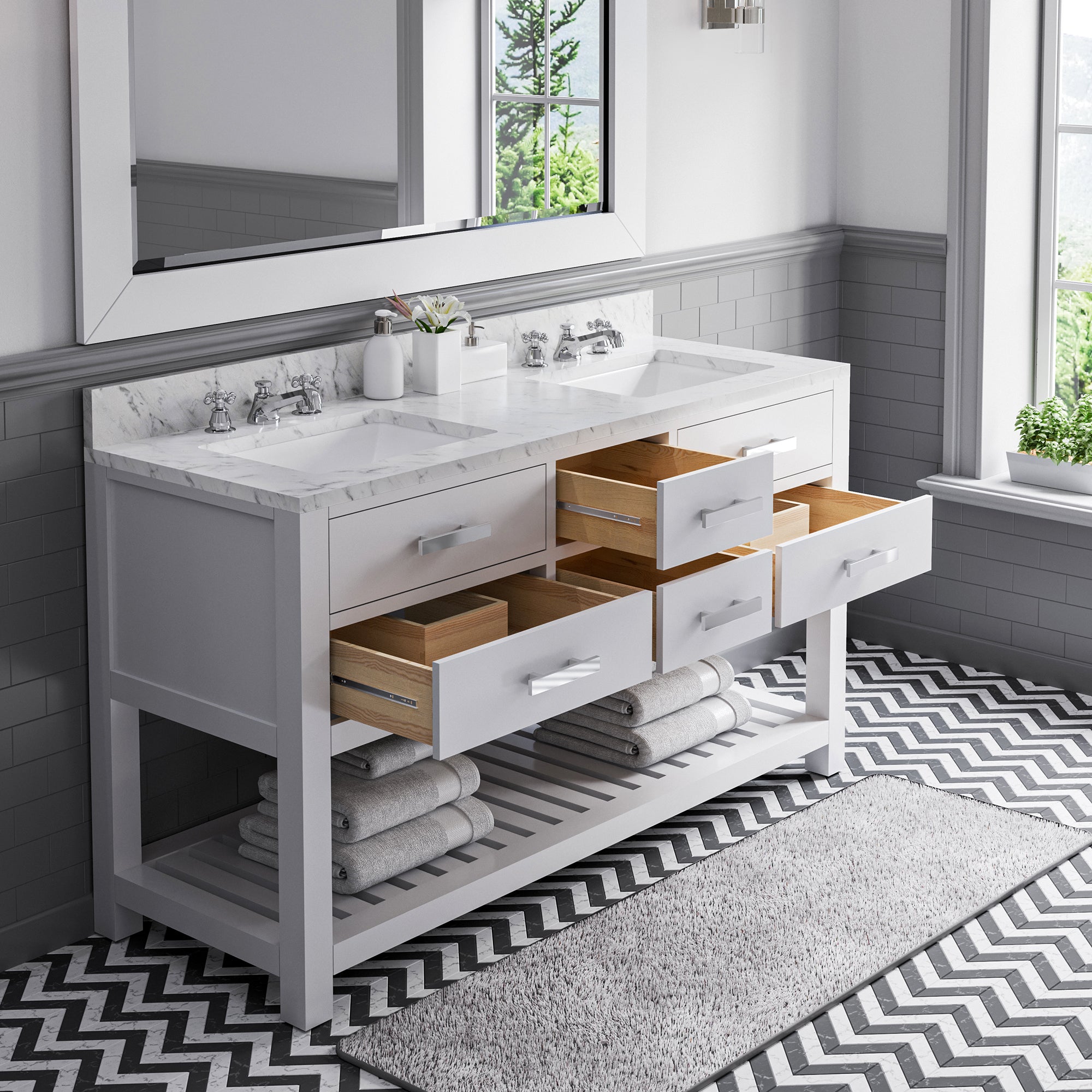 Water Creation | 60 Inch Pure White Double Sink Bathroom Vanity With Matching Framed Mirror And Faucet From The Madalyn Collection | MA60CW01PW-R60BX0901