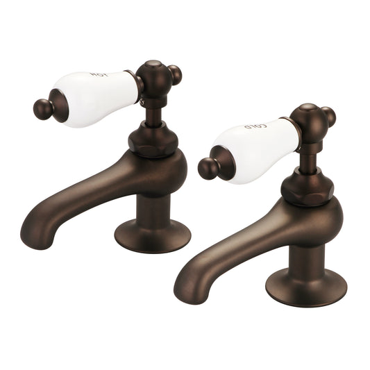 Water Creation | Vintage Classic Basin Cocks Lavatory Faucets in Oil-rubbed Bronze Finish Finish With Porcelain Lever Handles, Hot And Cold Labels Included | F1-0003-03-CL