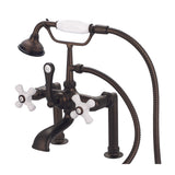 Water Creation | Vintage Classic 7 Inch Spread Deck Mount Tub Faucet With 6 Inch Risers & Handheld Shower in Oil-rubbed Bronze Finish Finish With Porcelain Cross Handles, Hot And Cold Labels Included | F6-0006-03-PX