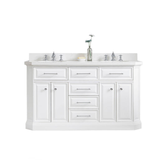 Water Creation | 60" Palace Collection Quartz Carrara Pure White Bathroom Vanity Set With Hardware And F2-0013 Faucets in Chrome Finish | PA60QZ01PW-000FX1301