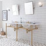 Water Creation | Embassy 72 Inch Wide Double Wash Stand, P-Trap, Counter Top with Basin, F2-0013 Faucet and Mirror included in Satin Gold Finish | EB72E-0613