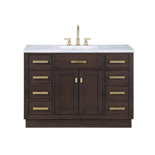 Water Creation | Chestnut 48 In. Single Sink Carrara White Marble Countertop Vanity In Brown Oak with Grooseneck Faucet | CH48CW06BK-000BL1406