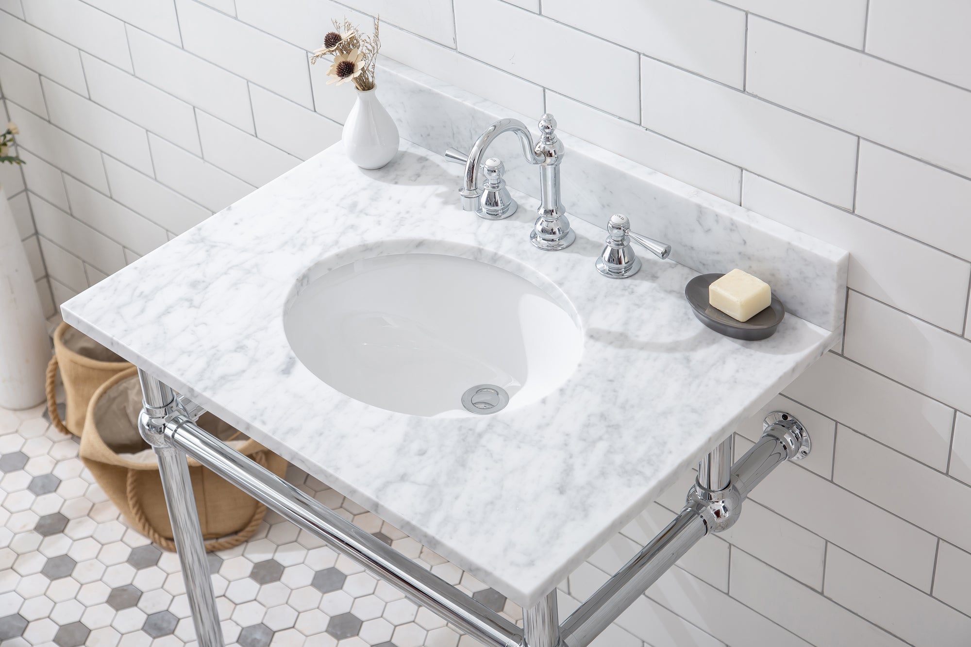 Water Creation | Embassy 30 Inch Wide Single Wash Stand, P-Trap, Counter Top with Basin, and F2-0012 Faucet included in Chrome Finish | EB30D-0112