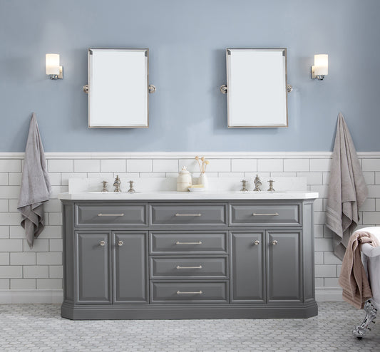 Water Creation | 72" Palace Collection Quartz Carrara Cashmere Grey Bathroom Vanity Set With Hardware And F2-0013 Faucets, Mirror in Polished Nickel (PVD) Finish | PA72QZ05CG-E18FX1305