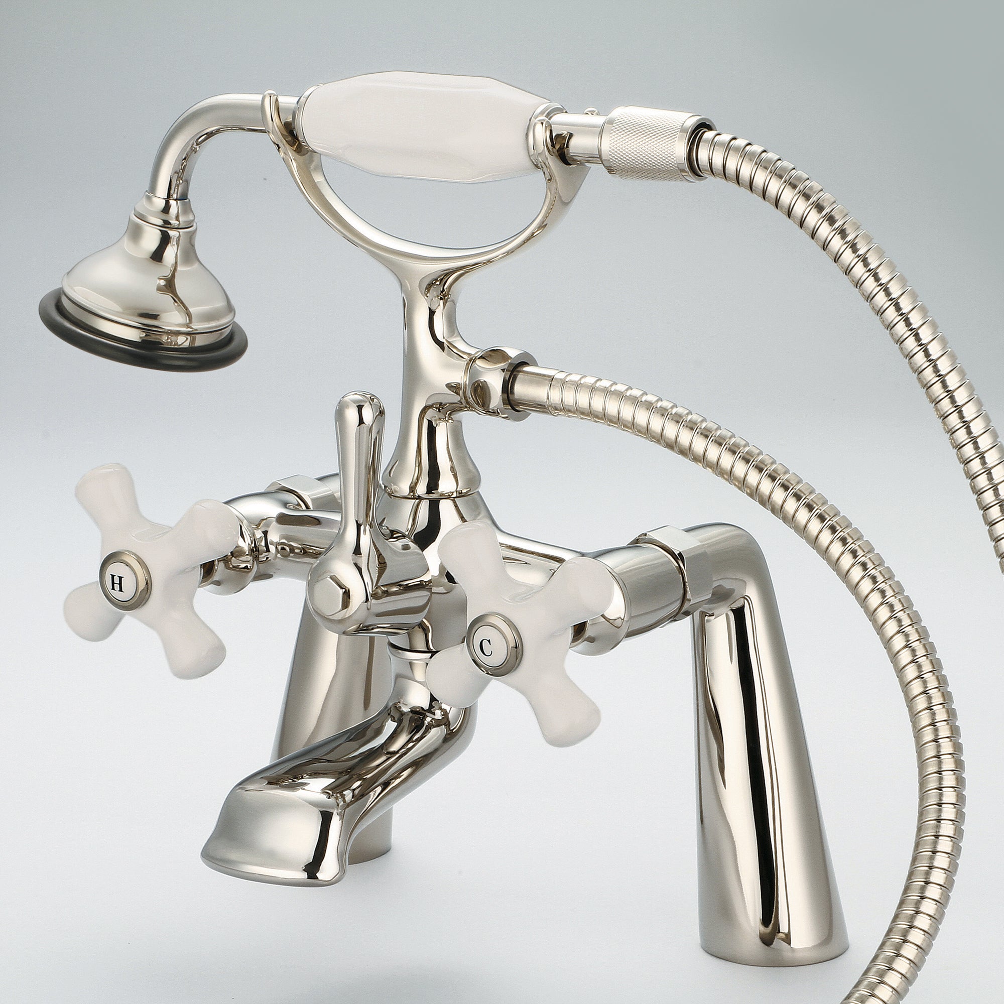 Water Creation | Vintage Classic 7 Inch Spread Deck Mount Tub Faucet With Handheld Shower in Polished Nickel (PVD) Finish With Porcelain Cross Handles, Hot And Cold Labels Included | F6-0003-05-PX