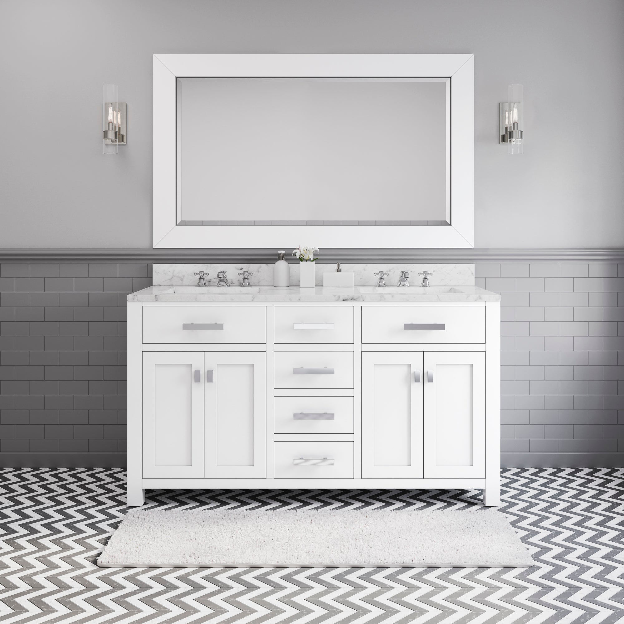 Water Creation | 60 Inch Pure White Double Sink Bathroom Vanity With Matching Framed Mirror And Faucet From The Madison Collection | MS60CW01PW-R60BX0901