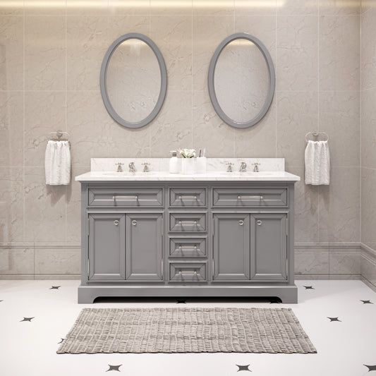 Water Creation | 60 Inch Cashmere Grey Double Sink Bathroom Vanity With Faucet From The Derby Collection | DE60CW01CG-000BX0901