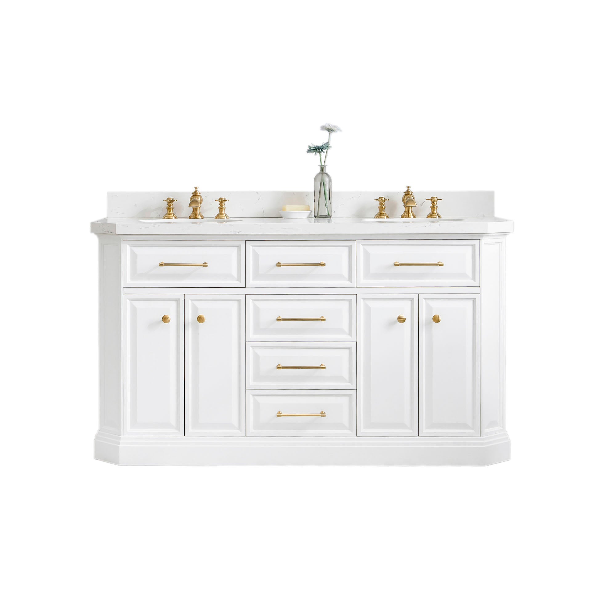 Water Creation | 60" Palace Collection Quartz Carrara Pure White Bathroom Vanity Set With Hardware in Satin Gold Finish And Only Mirrors in Chrome Finish | PA60QZ06PW-000000000