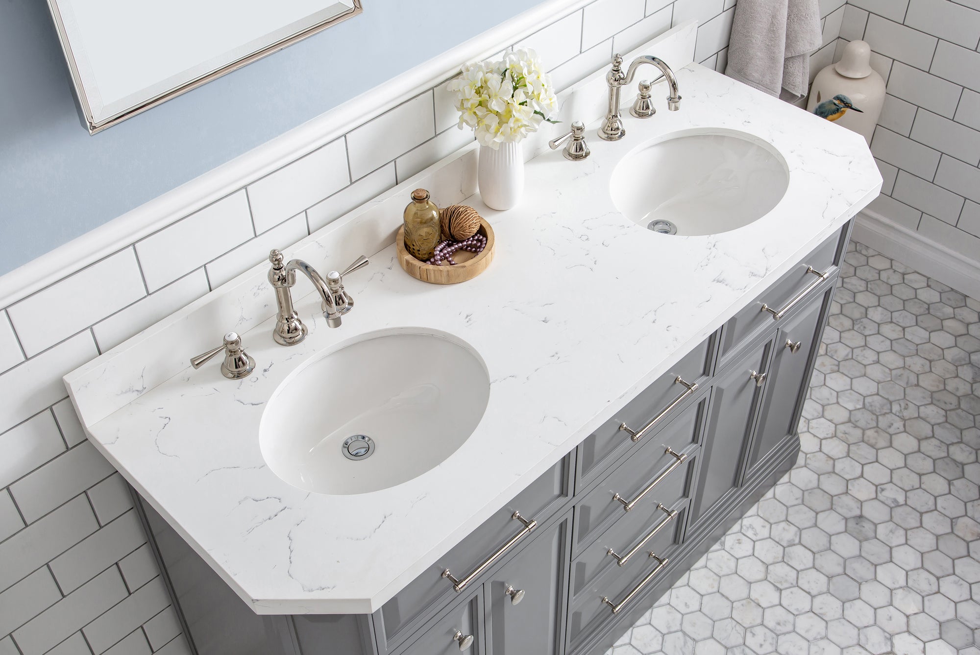 Water Creation | 60" Palace Collection Quartz Carrara Cashmere Grey Bathroom Vanity Set With Hardware And F2-0012 Faucets in Polished Nickel (PVD) Finish | PA60QZ05CG-000TL1205