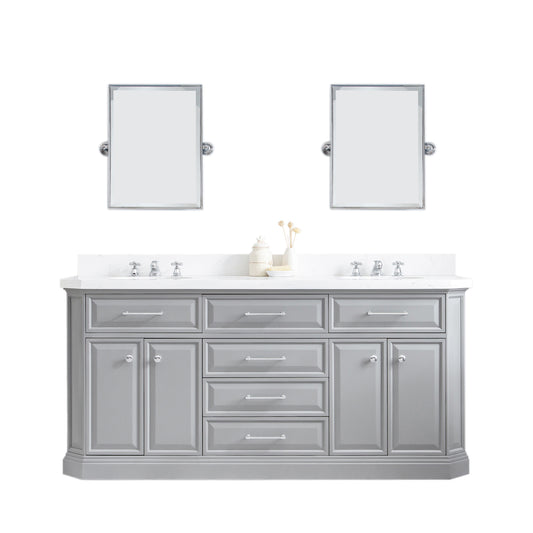 Water Creation | 72" Palace Collection Quartz Carrara Cashmere Grey Bathroom Vanity Set With Hardware And F2-0009 Faucets, Mirror in Chrome Finish | PA72QZ01CG-E18BX0901