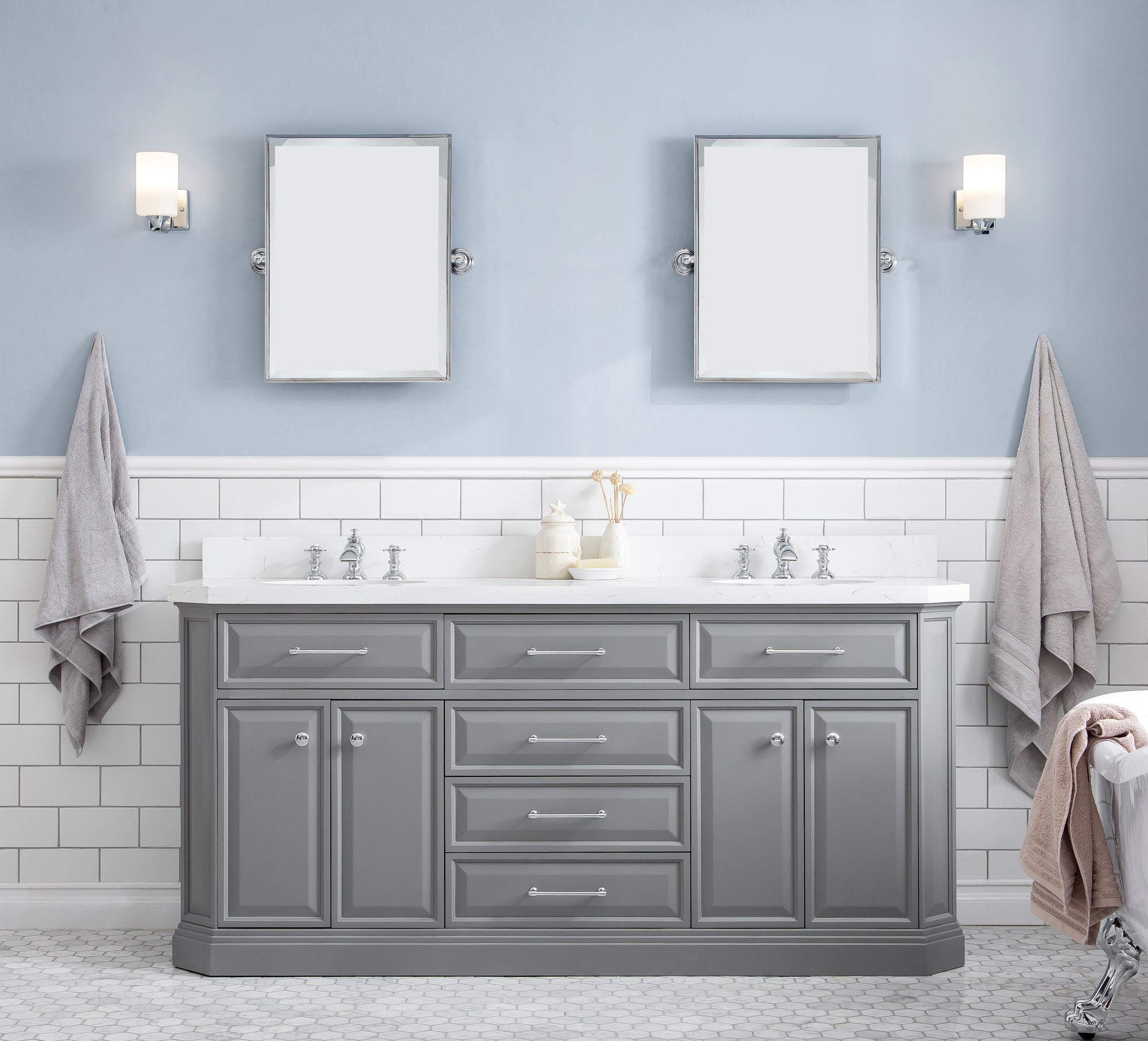 Water Creation | 72" Palace Collection Quartz Carrara Cashmere Grey Bathroom Vanity Set With Hardware And F2-0013 Faucets in Chrome Finish | PA72QZ01CG-000FX1301