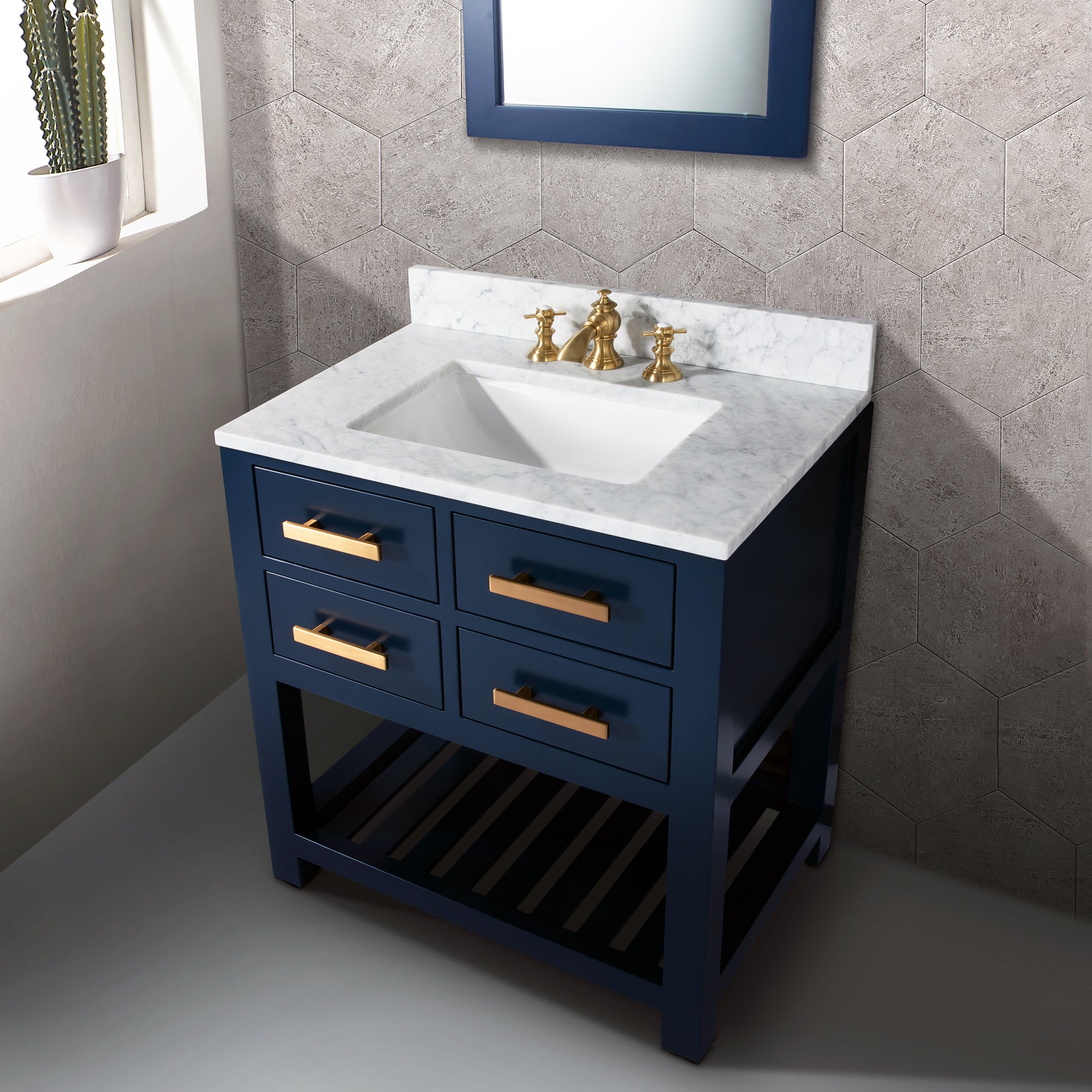 Water Creation | 30 Inch Monarch Blue Single Sink Bathroom Vanity With F2-0013 Satin Gold Faucet And Mirror From The Madalyn Collection | MA30CW06MB-R21FX1306