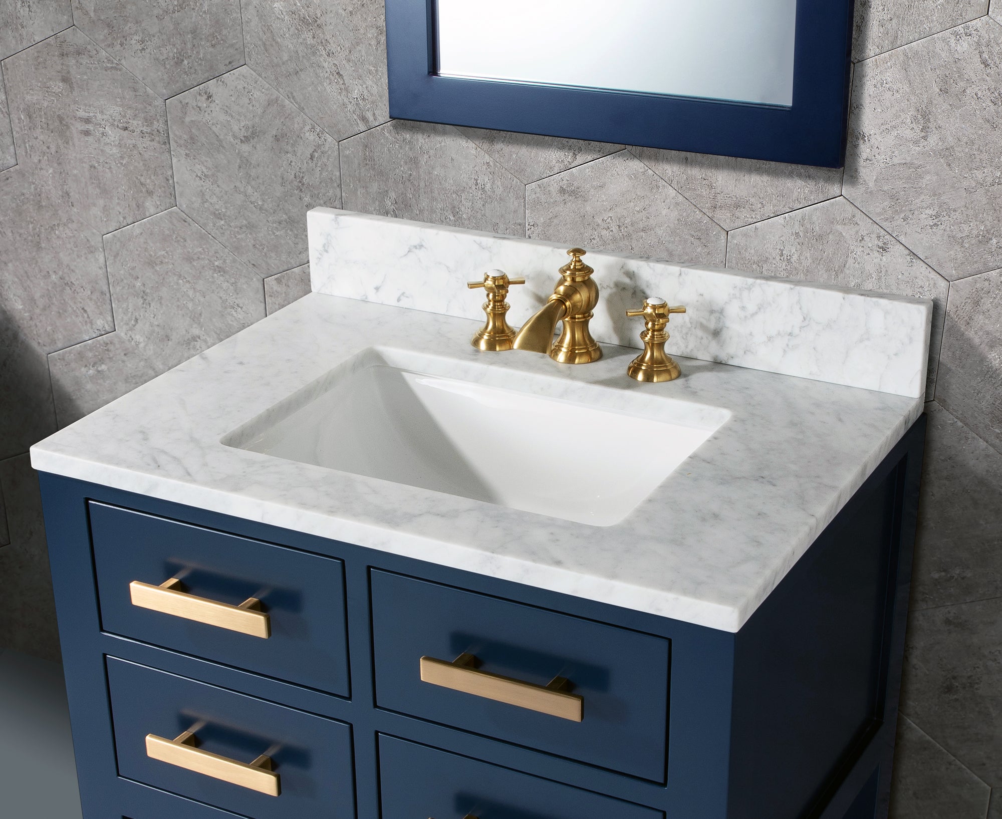 Water Creation | 30 Inch Monarch Blue Single Sink Bathroom Vanity With F2-0013 Satin Gold Faucet And Mirror From The Madalyn Collection | MA30CW06MB-R21FX1306