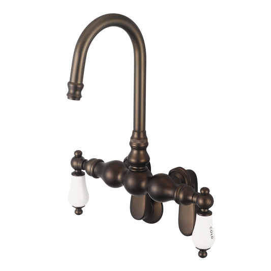 Water Creation | Vintage Classic Adjustable Spread Wall Mount Tub Faucet With Gooseneck Spout & Swivel Wall Connector in Oil-rubbed Bronze Finish Finish With Porcelain Lever Handles, Hot And Cold Labels Included | F6-0015-03-CL