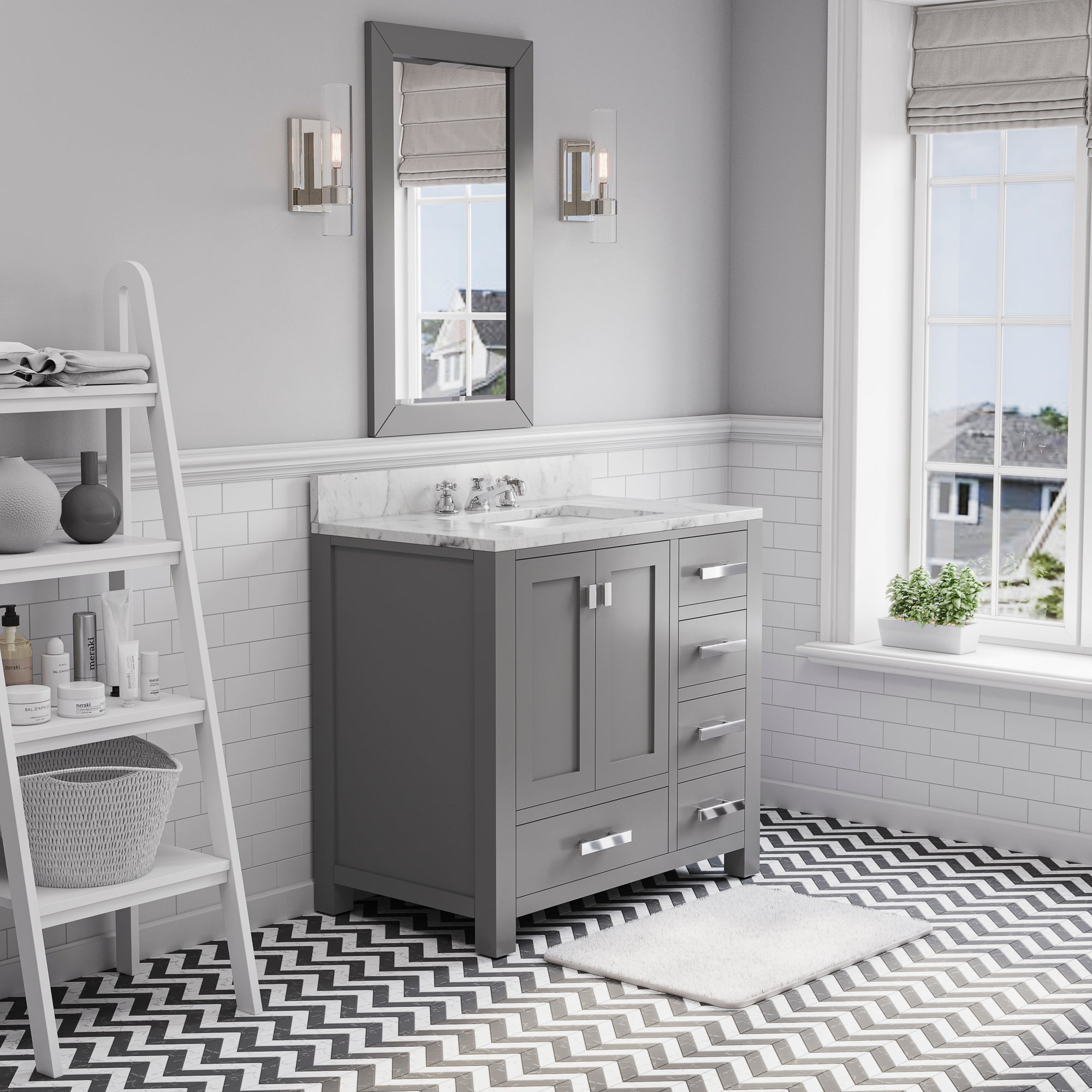 Water Creation | 36 Inch Wide Cashmere Grey Single Sink Bathroom Vanity With Matching Mirror And Faucet(s) From The Madison Collection | MS36CW01CG-R24BX0901