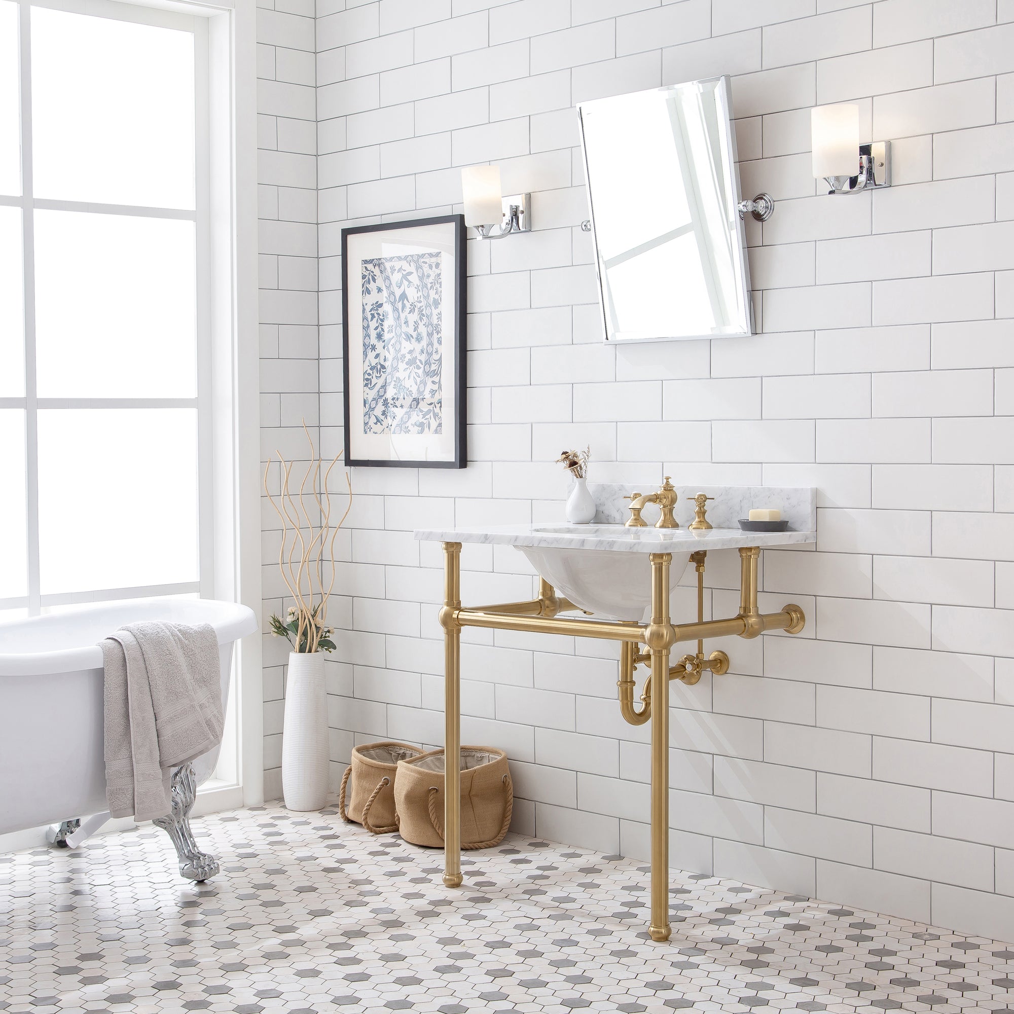 Water Creation | Embassy 30 Inch Wide Single Wash Stand, P-Trap, Counter Top with Basin, and F2-0013 Faucet included in Satin Gold Finish | EB30D-0613