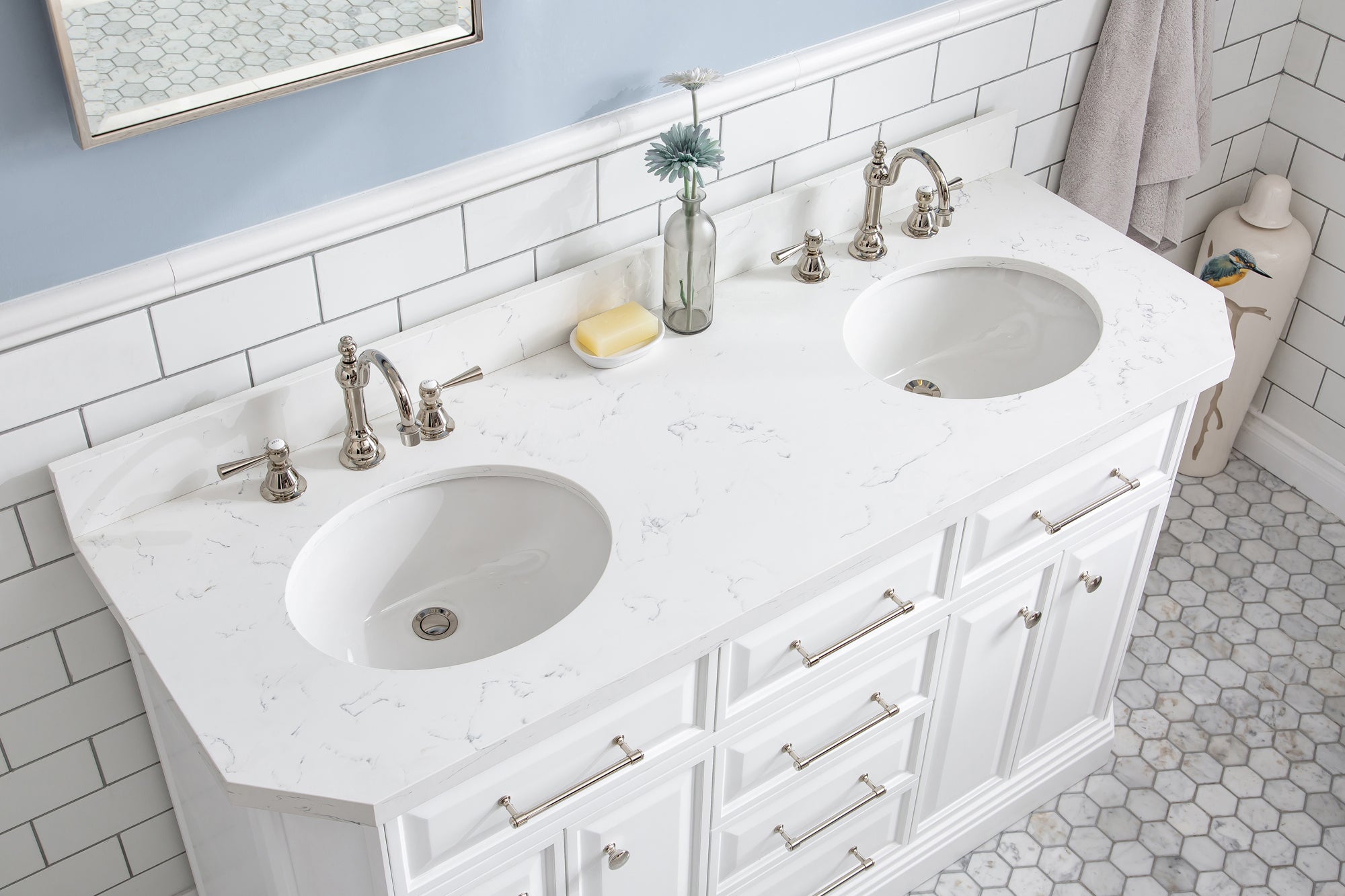 Water Creation | 60" Palace Collection Quartz Carrara Pure White Bathroom Vanity Set With Hardware And F2-0012 Faucets, Mirror in Polished Nickel (PVD) Finish | PA60QZ05PW-E18TL1205