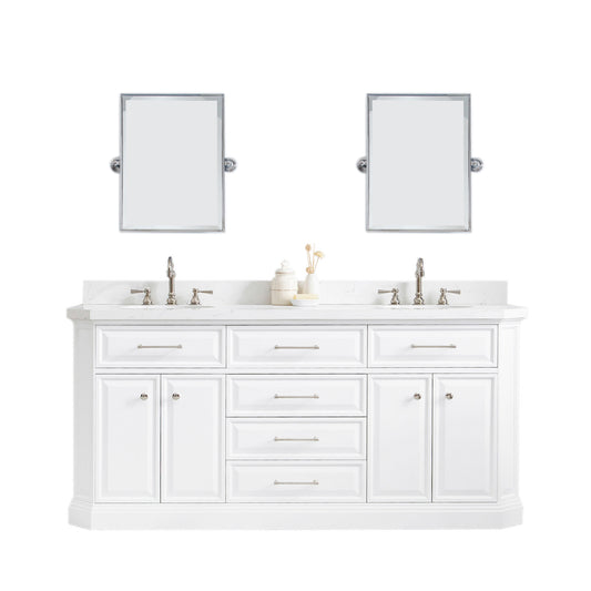 Water Creation | 72" Palace Collection Quartz Carrara Pure White Bathroom Vanity Set With Hardware And F2-0012 Faucets, Mirror in Polished Nickel (PVD) Finish | PA72QZ05PW-E18TL1205