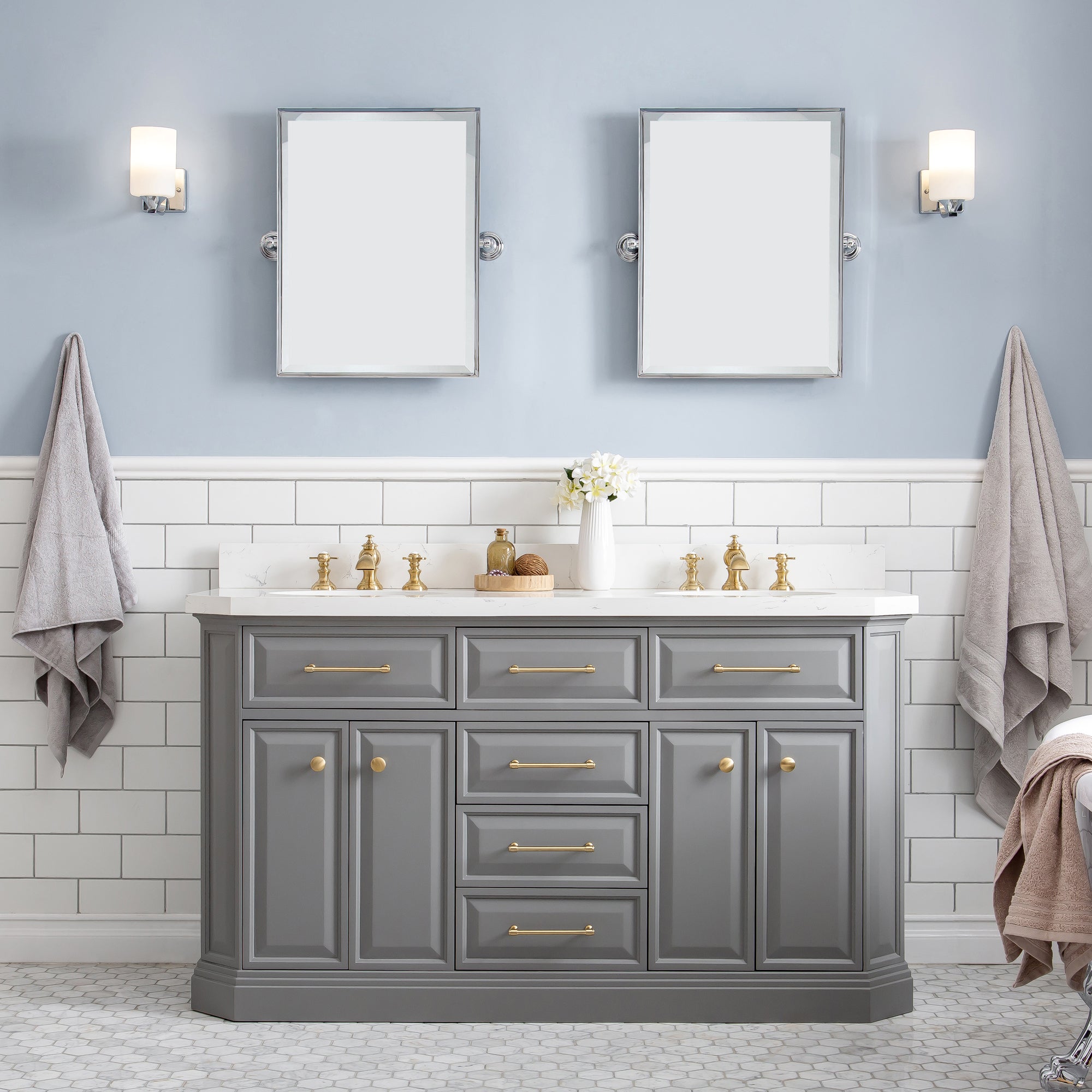 Water Creation | 60" Palace Collection Quartz Carrara Cashmere Grey Bathroom Vanity Set With Hardware in Satin Gold Finish And Only Mirrors in Chrome Finish | PA60QZ06CG-000000000