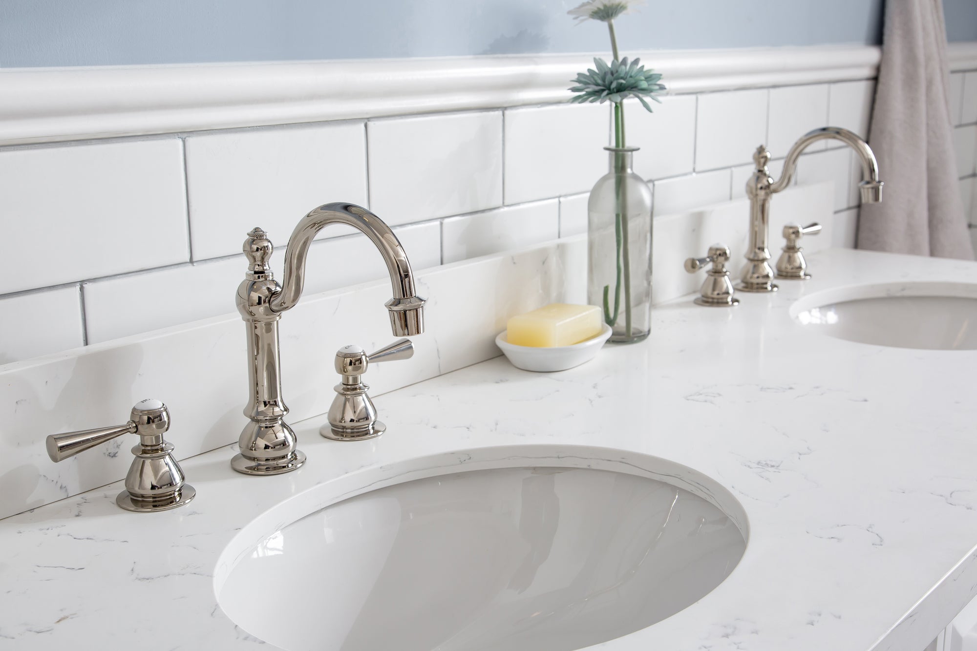 Water Creation | 60" Palace Collection Quartz Carrara Pure White Bathroom Vanity Set With Hardware And F2-0012 Faucets in Polished Nickel (PVD) Finish | PA60QZ05PW-000TL1205