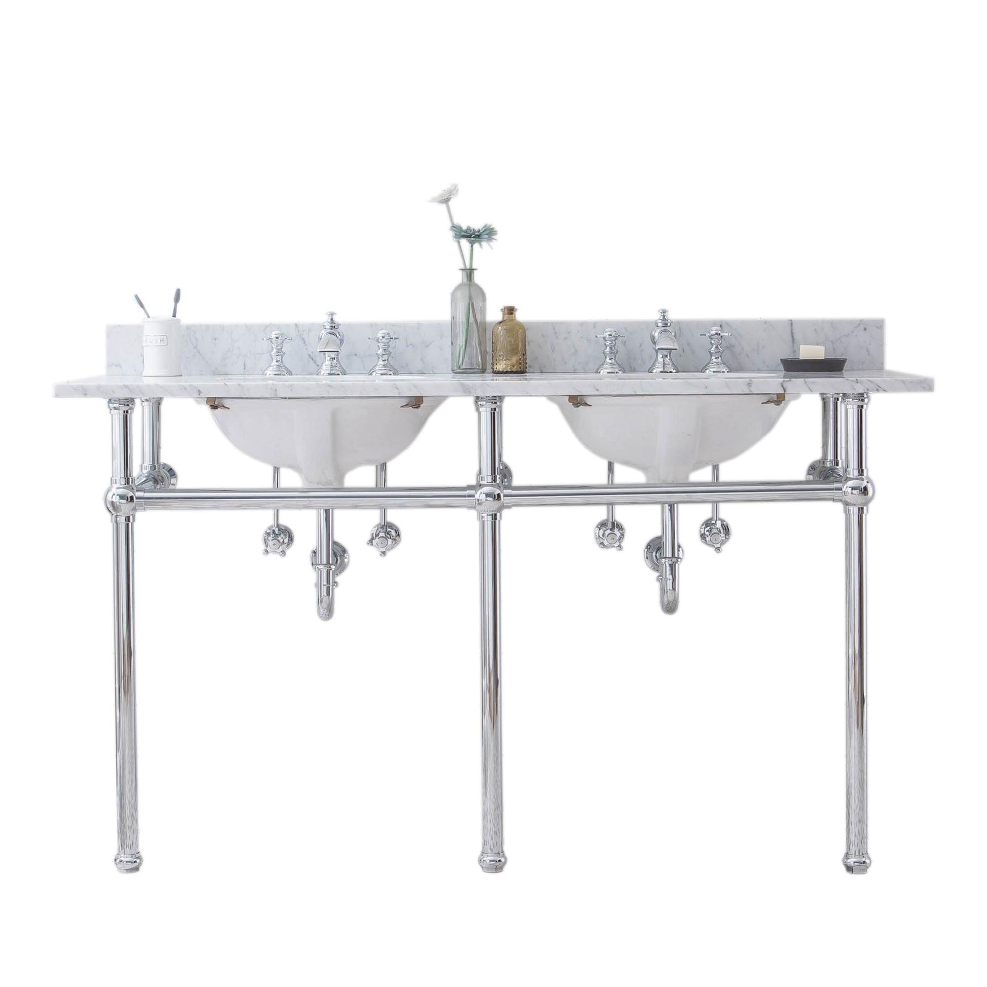 Water Creation | Embassy 60 Inch Wide Double Wash Stand, P-Trap, Counter Top with Basin, and F2-0013 Faucet included in Chrome Finish | EB60D-0113