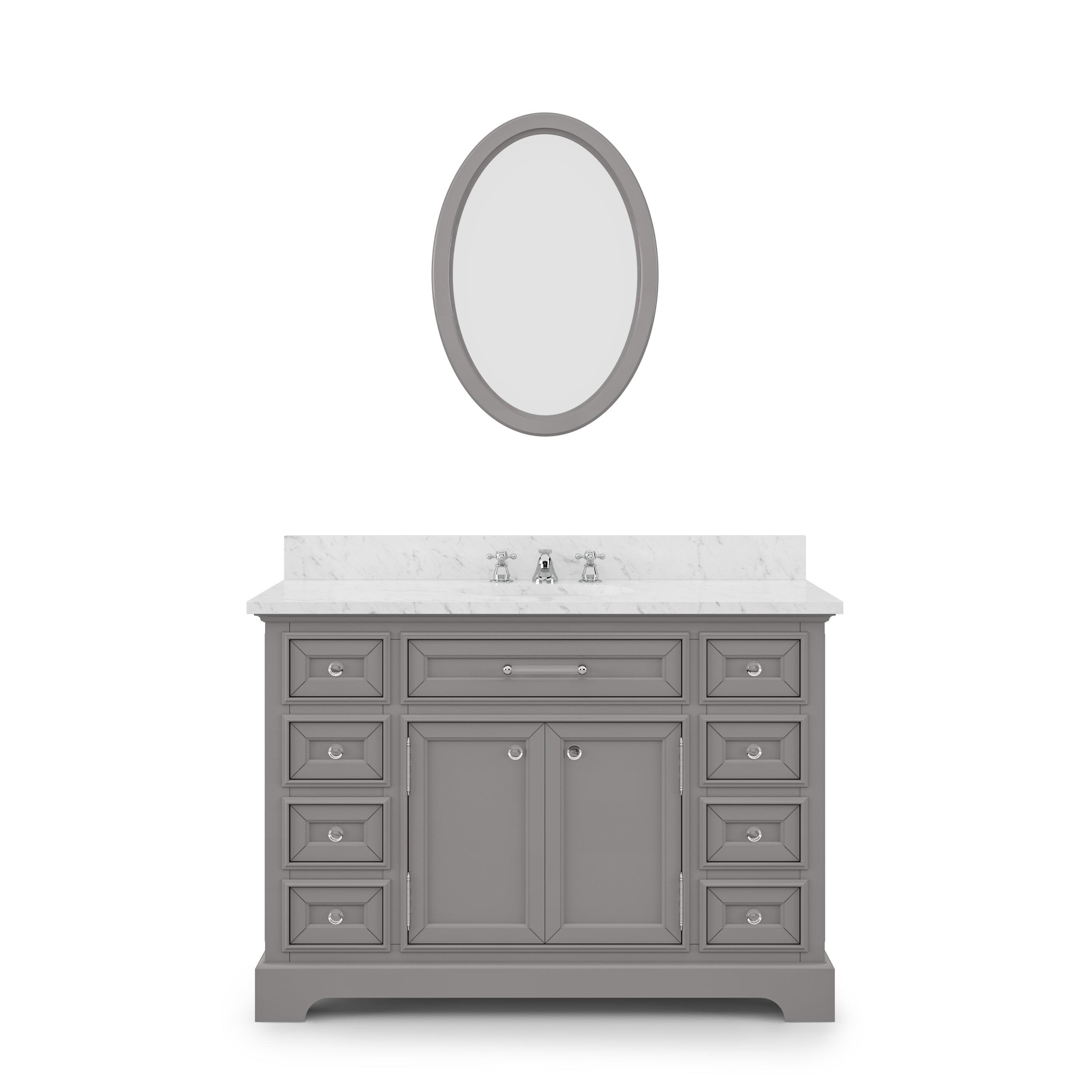 Water Creation | 48 Inch Cashmere Grey Single Sink Bathroom Vanity With Matching Framed Mirror And Faucet From The Derby Collection | DE48CW01CG-O24BX0901