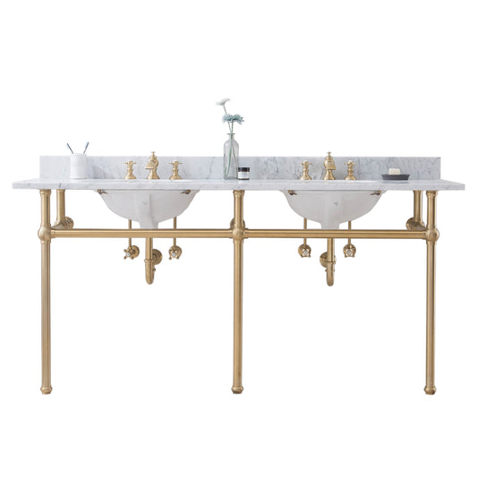 Water Creation | Embassy 72 Inch Wide Double Wash Stand, P-Trap, Counter Top with Basin, and F2-0013 Faucet included in Satin Gold Finish | EB72D-0613