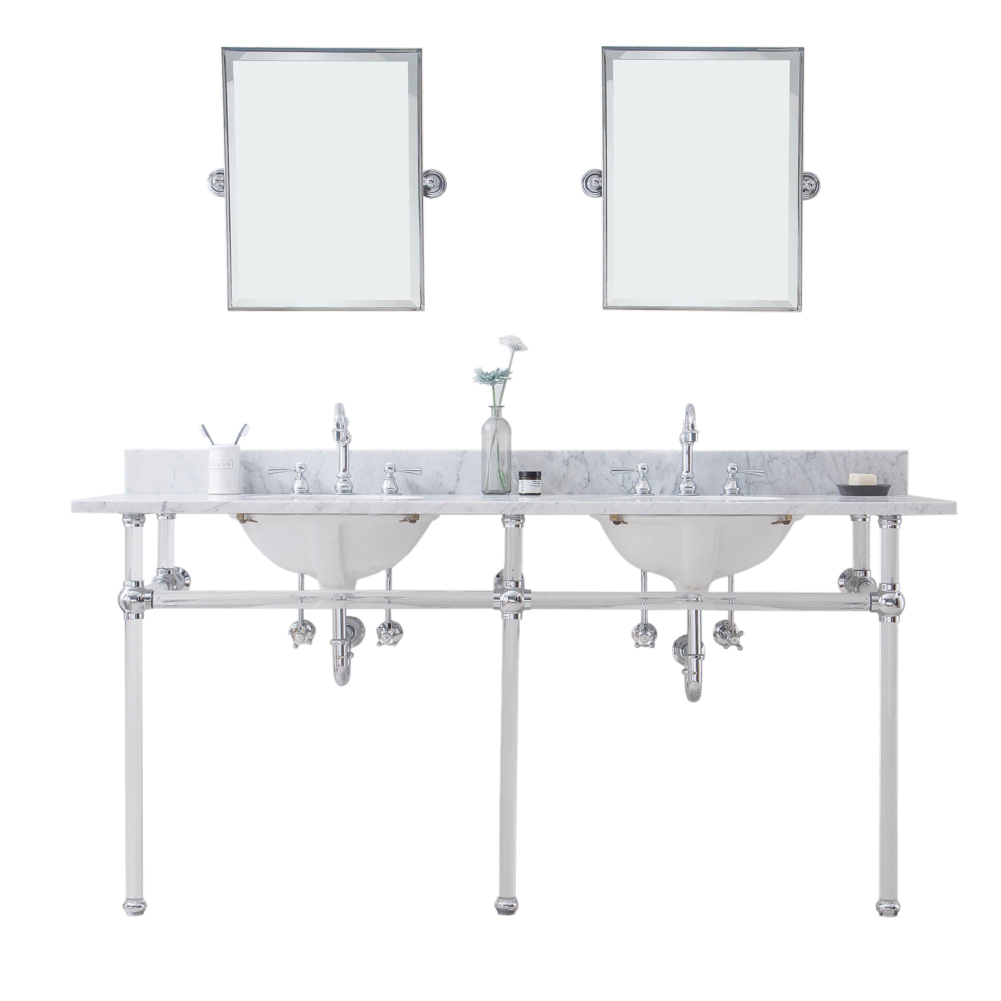 Water Creation | Empire 72 Inch Wide Double Wash Stand, P-Trap, Counter Top with Basin, F2-0012 Faucet and Mirror included in Chrome Finish | EP72E-0112