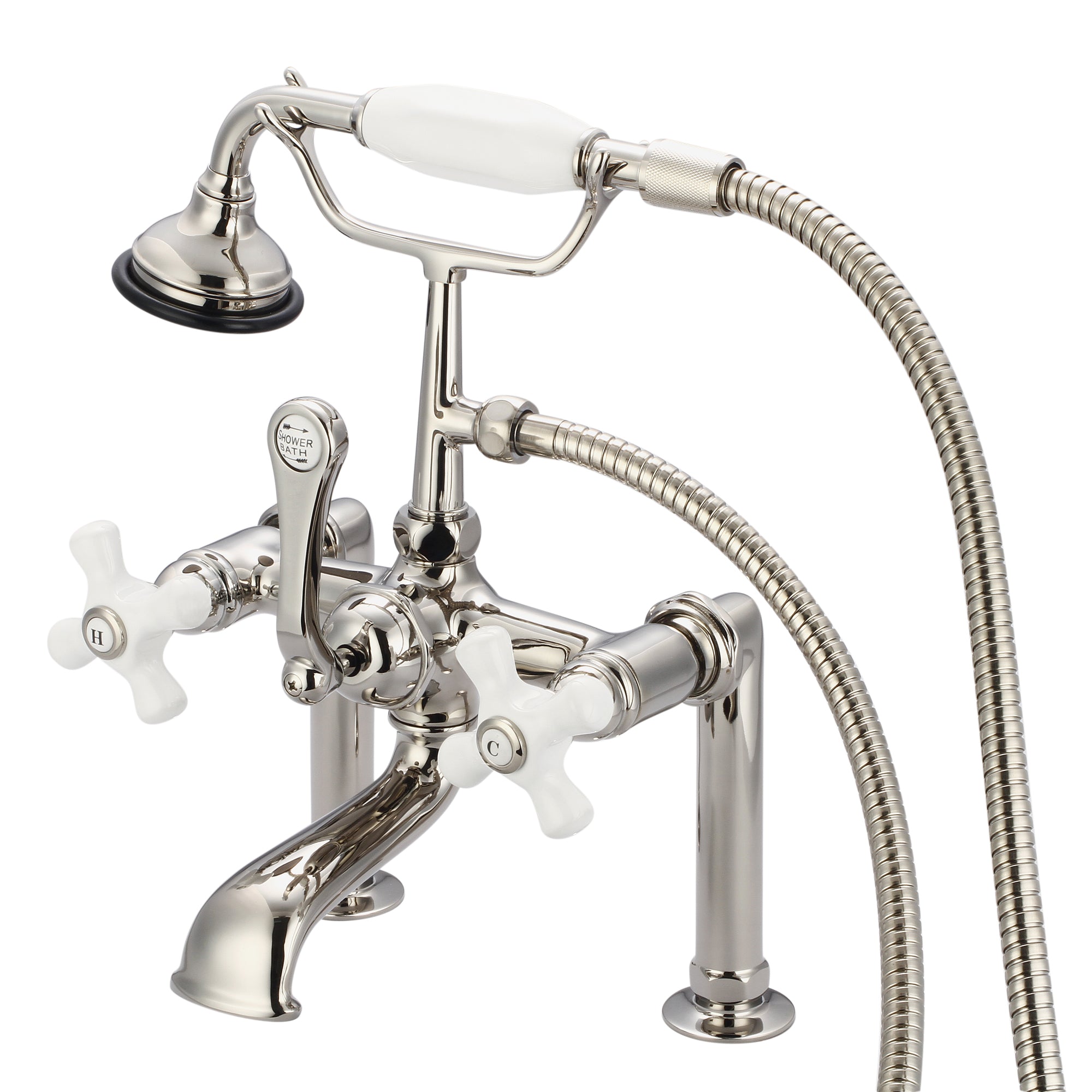 Water Creation | Vintage Classic 7 Inch Spread Deck Mount Tub Faucet With 6 Inch Risers & Handheld Shower in Polished Nickel (PVD) Finish With Porcelain Cross Handles, Hot And Cold Labels Included | F6-0006-05-PX