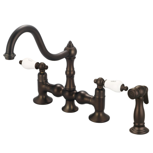 Water Creation | Bridge Style Kitchen Faucet With Side Spray To Match in Oil-rubbed Bronze Finish Finish With Porcelain Lever Handles, Hot And Cold Labels Included | F5-0010-03-CL