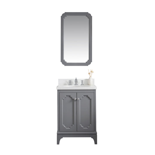 Water Creation | Queen 24-Inch Single Sink Quartz Carrara Vanity In Cashmere Grey With Matching Mirror(s) and F2-0013-01-FX Lavatory Faucet(s) | QU24QZ01CG-Q21FX1301