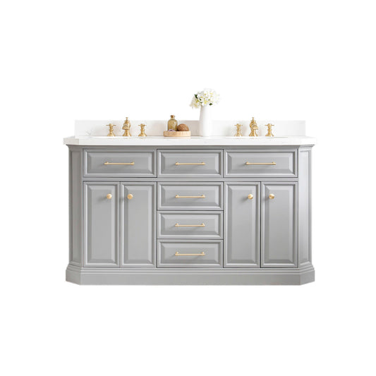 Water Creation | 60" Palace Collection Quartz Carrara Cashmere Grey Bathroom Vanity Set With Hardware And F2-0013 Faucets in Satin Gold Finish And Only Mirrors in Chrome Finish | PA60QZ06CG-000FX1306