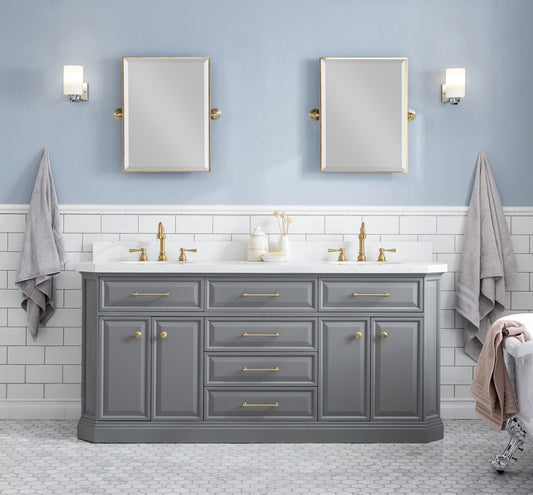 Water Creation | 72" Palace Collection Quartz Carrara Cashmere Grey Bathroom Vanity Set With Hardware And F2-0012 Faucets in Satin Gold Finish And Only Mirrors in Chrome Finish | PA72QZ06CG-E18TL1206