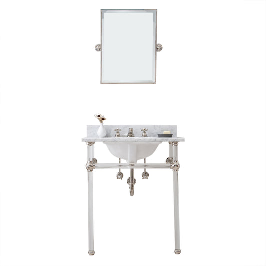 Water Creation | Empire 30 Inch Wide Single Wash Stand, P-Trap, Counter Top with Basin, F2-0009 Faucet and Mirror included in Polished Nickel (PVD) Finish | EP30E-0509