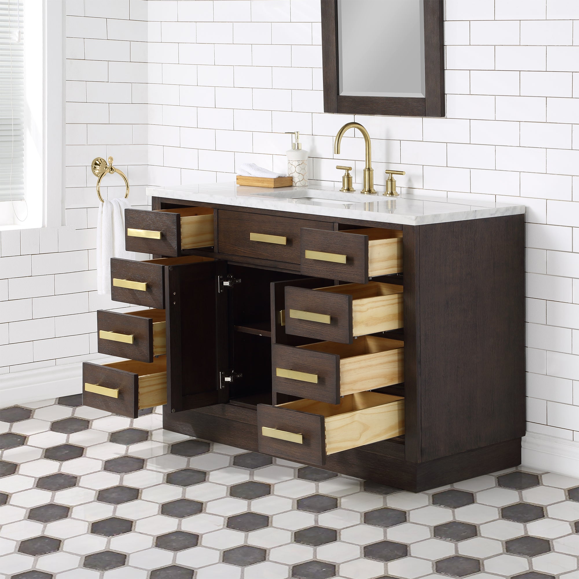 Water Creation | Chestnut 48 In. Single Sink Carrara White Marble Countertop Vanity In Brown Oak with Grooseneck Faucet and Mirror | CH48CW06BK-R21BL1406