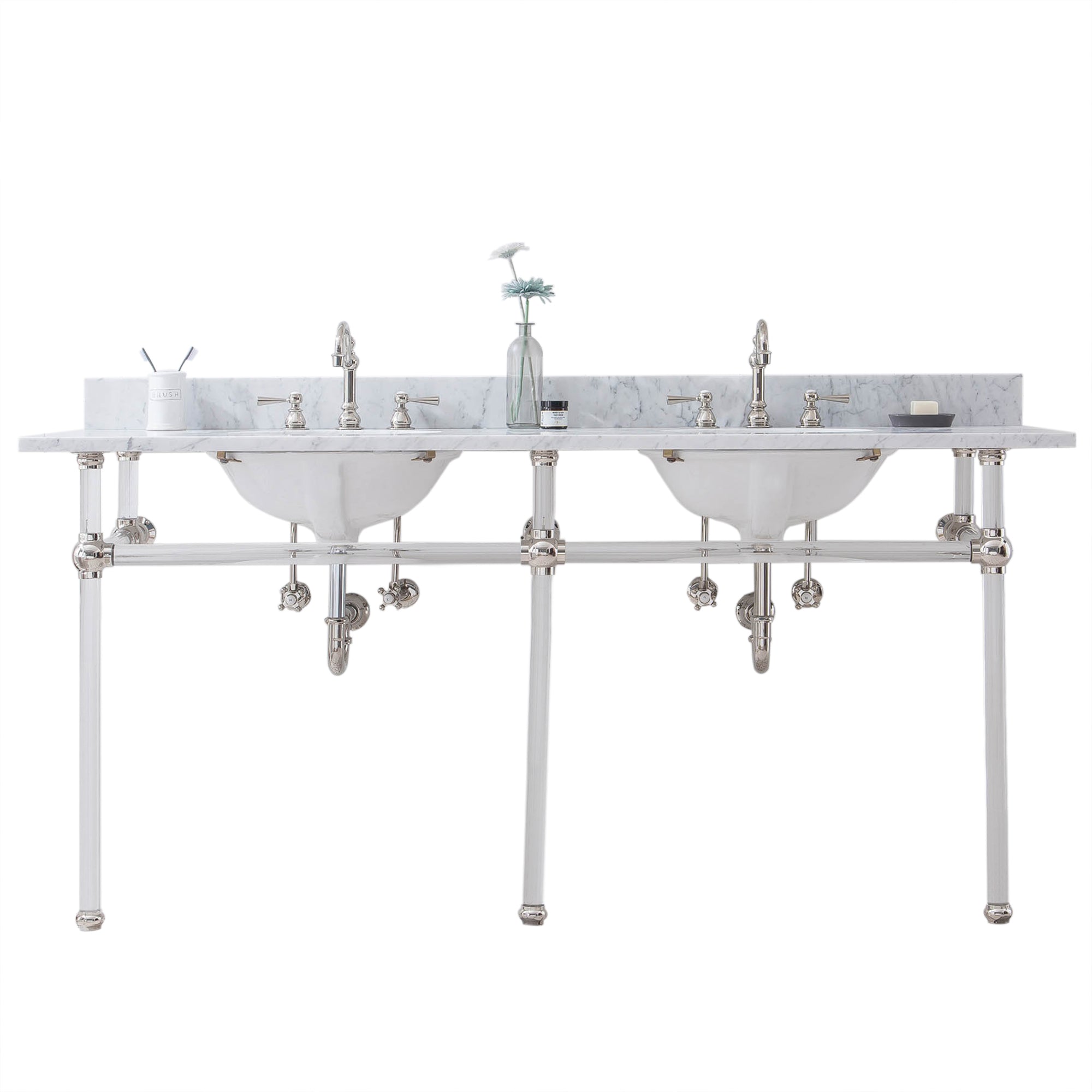 Water Creation | Empire 72 Inch Wide Double Wash Stand, P-Trap, Counter Top with Basin, and F2-0012 Faucet included in Polished Nickel (PVD) Finish | EP72D-0512