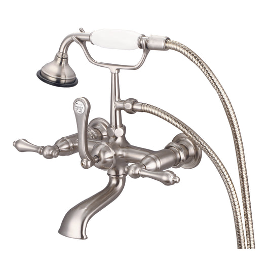 Water Creation | Vintage Classic 7 Inch Spread Wall Mount Tub Faucet With Straight Wall Connector & Handheld Shower in Brushed Nickel Finish With Metal Lever Handles Without Labels | F6-0010-02-AL