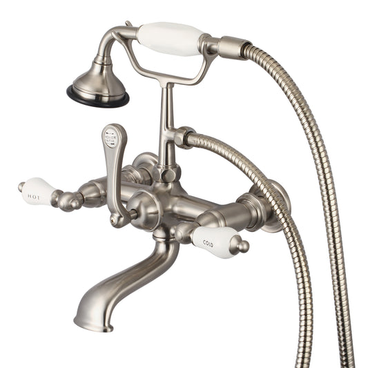 Water Creation | Vintage Classic 7 Inch Spread Wall Mount Tub Faucet With Straight Wall Connector & Handheld Shower in Brushed Nickel Finish With Porcelain Lever Handles, Hot And Cold Labels Included | F6-0010-02-CL