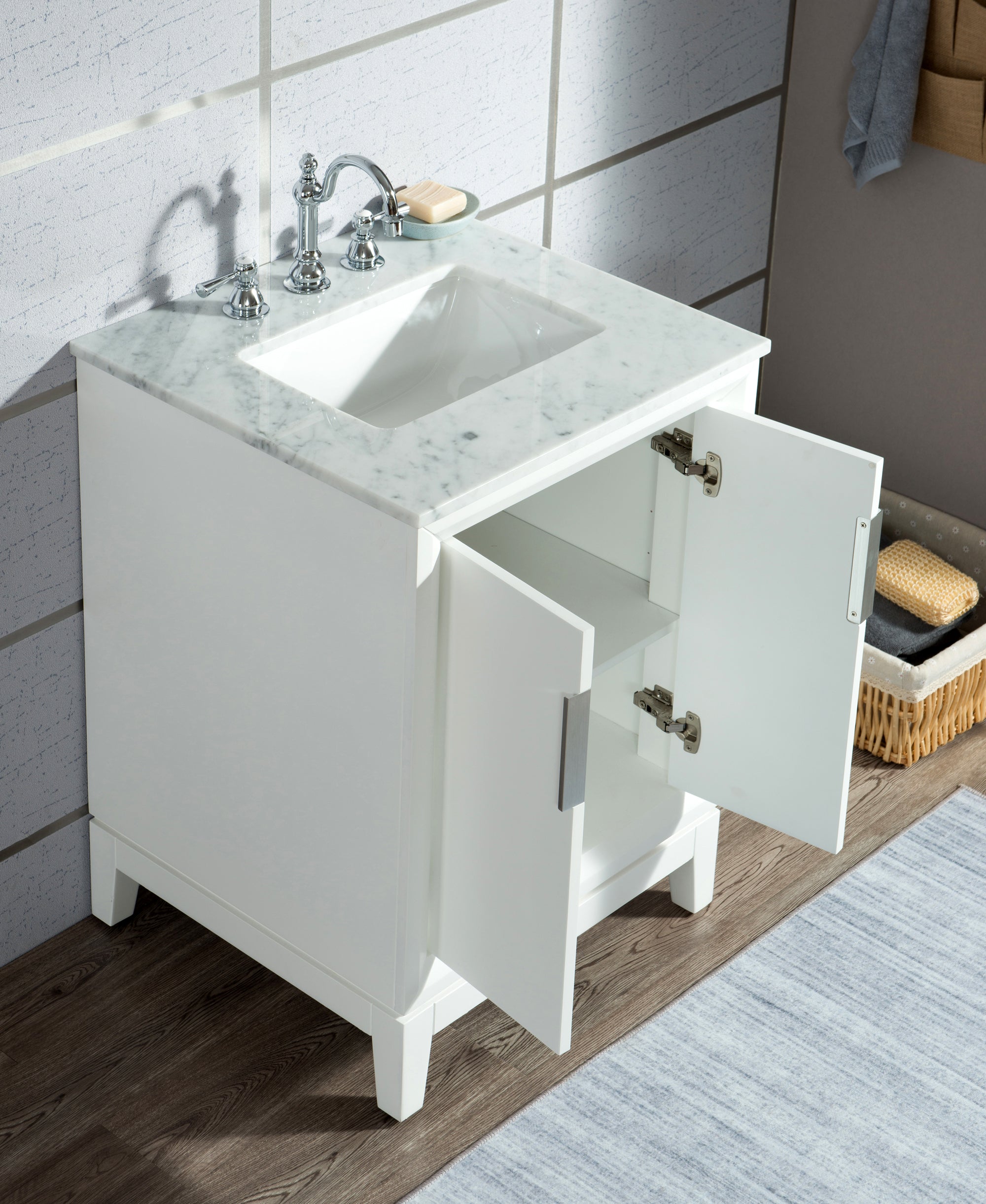 Water Creation | Elizabeth 24-Inch Single Sink Carrara White Marble Vanity In Pure White With Matching Mirror(s) | EL24CW01PW-R21000000