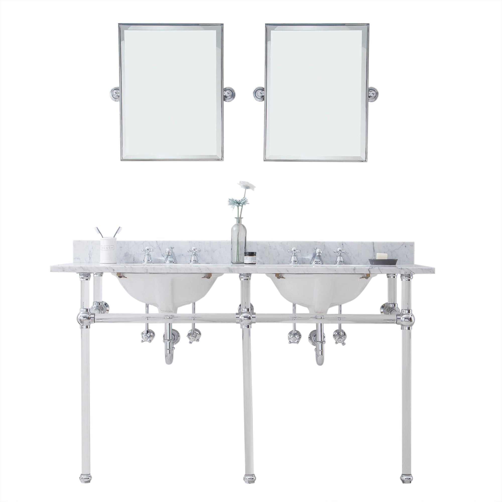 Water Creation | Empire 60 Inch Wide Double Wash Stand, P-Trap, Counter Top with Basin, F2-0009 Faucet and Mirror included in Chrome Finish | EP60E-0109