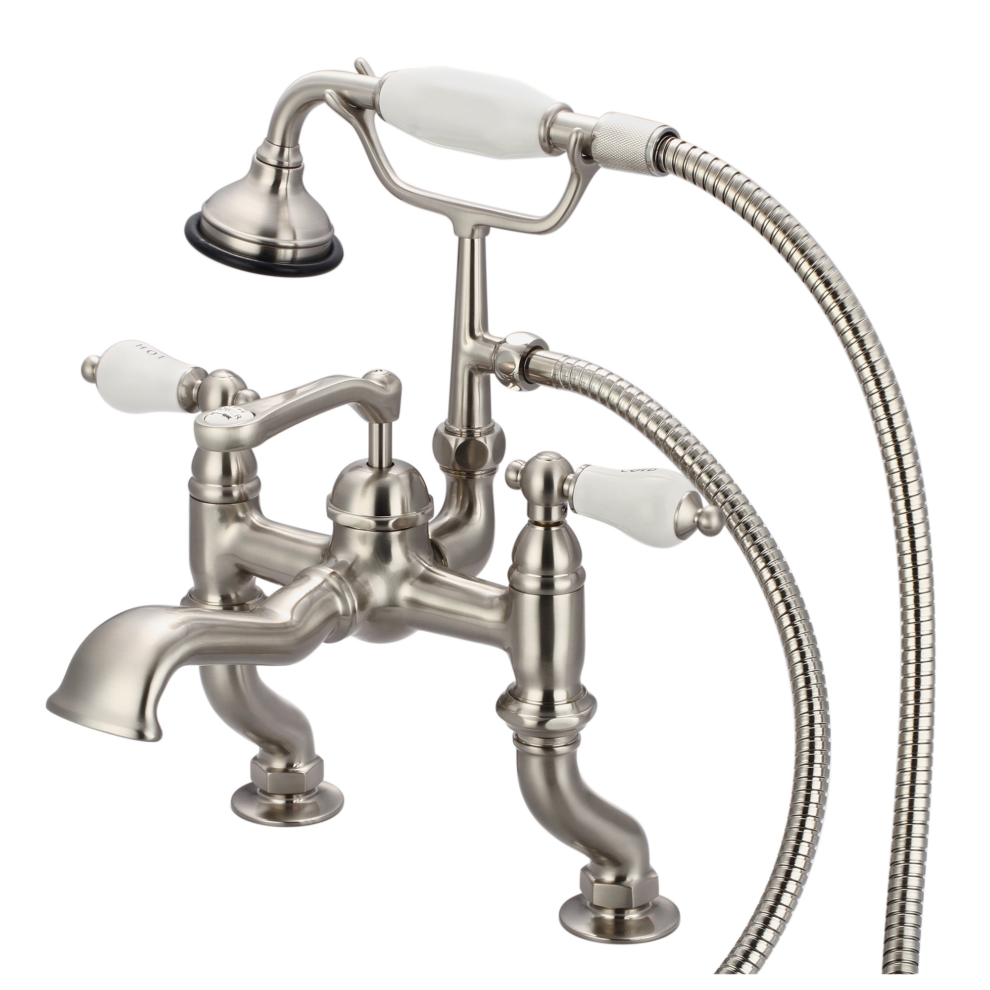 Water Creation | Vintage Classic Adjustable Center Deck Mount Tub Faucet With Handheld Shower in Brushed Nickel Finish With Porcelain Lever Handles, Hot And Cold Labels Included | F6-0004-02-CL