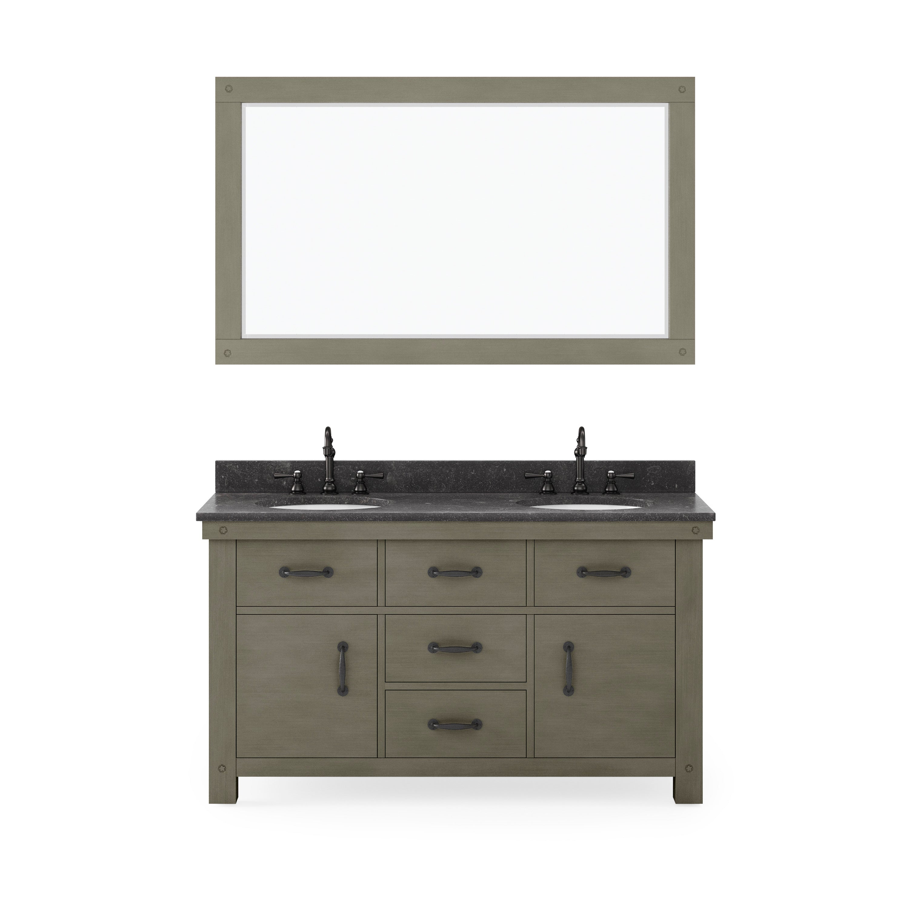 Water Creation | 60 Inch Grizzle Grey Double Sink Bathroom Vanity With Mirror And Faucets With Blue Limestone Counter Top From The ABERDEEN Collection | AB60BL03GG-A60BX1203