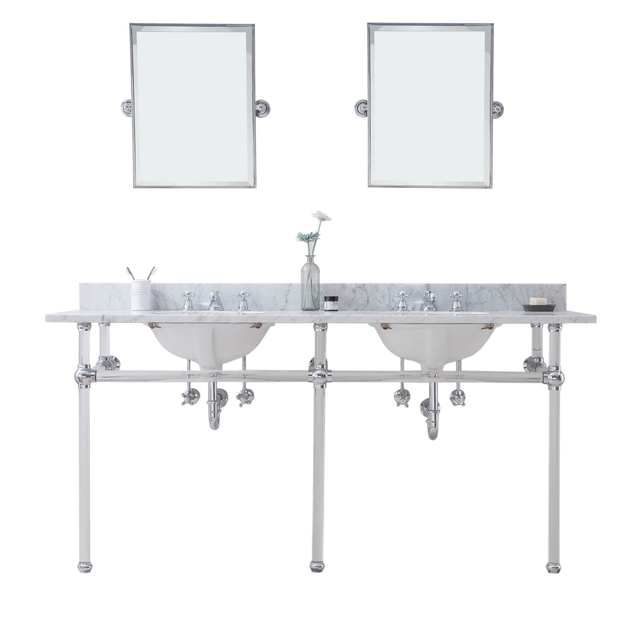 Water Creation | Empire 72 Inch Wide Double Wash Stand, P-Trap, Counter Top with Basin, F2-0009 Faucet and Mirror included in Chrome Finish | EP72E-0109