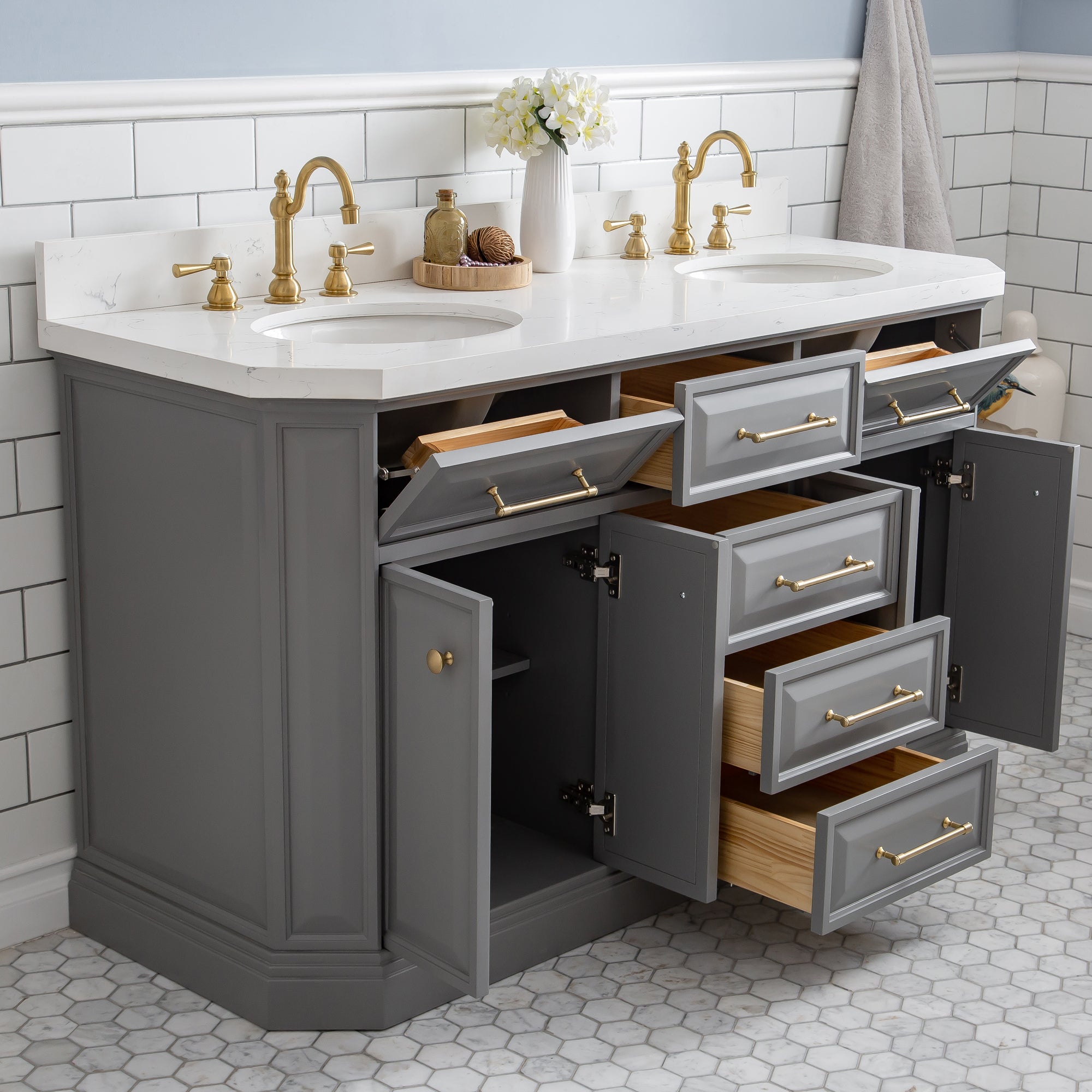 Water Creation | 60" Palace Collection Quartz Carrara Cashmere Grey Bathroom Vanity Set With Hardware And F2-0012 Faucets in Satin Gold Finish And Only Mirrors in Chrome Finish | PA60QZ06CG-E18TL1206